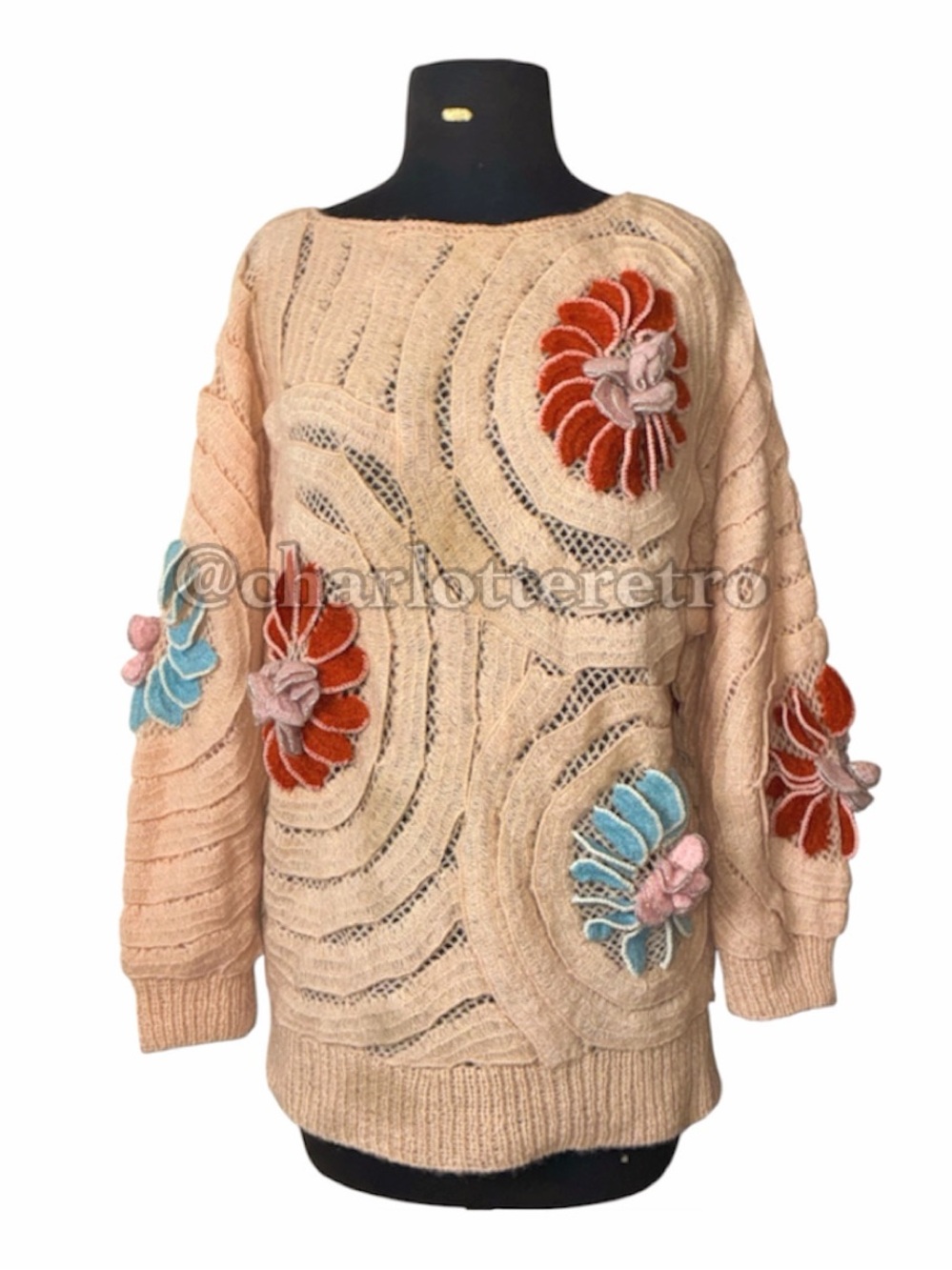 vtg LIM’S • Mohair Open Knit Sweater w 3D Flowers